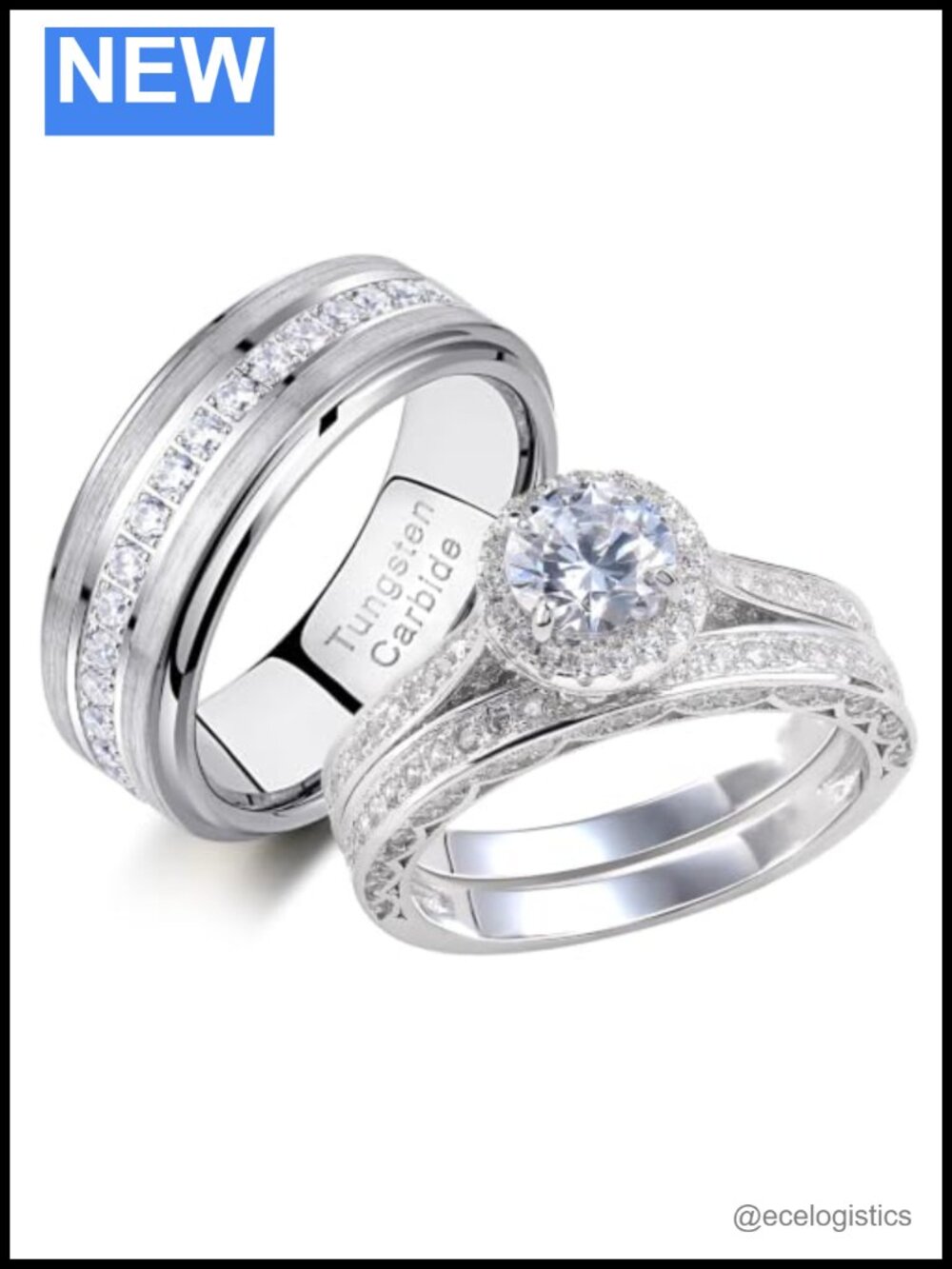 Bridal Set Cubic Zirconia Wedding Ring Set Tungsten & Silver